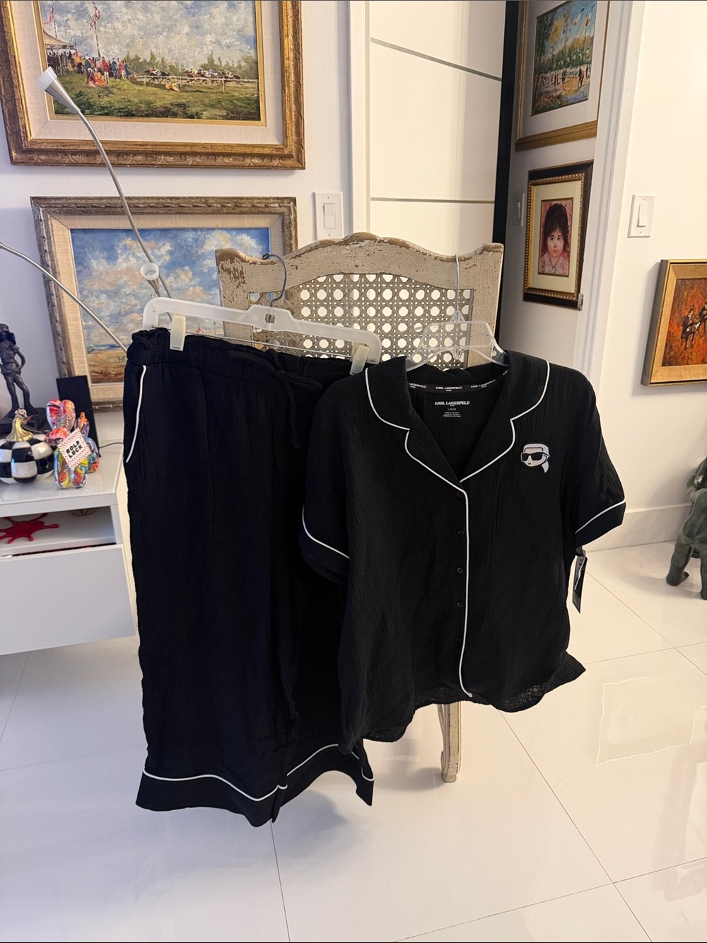 Karl Lagerfeld Black Short-Sleeve Loungear Pajama Set with White Piping